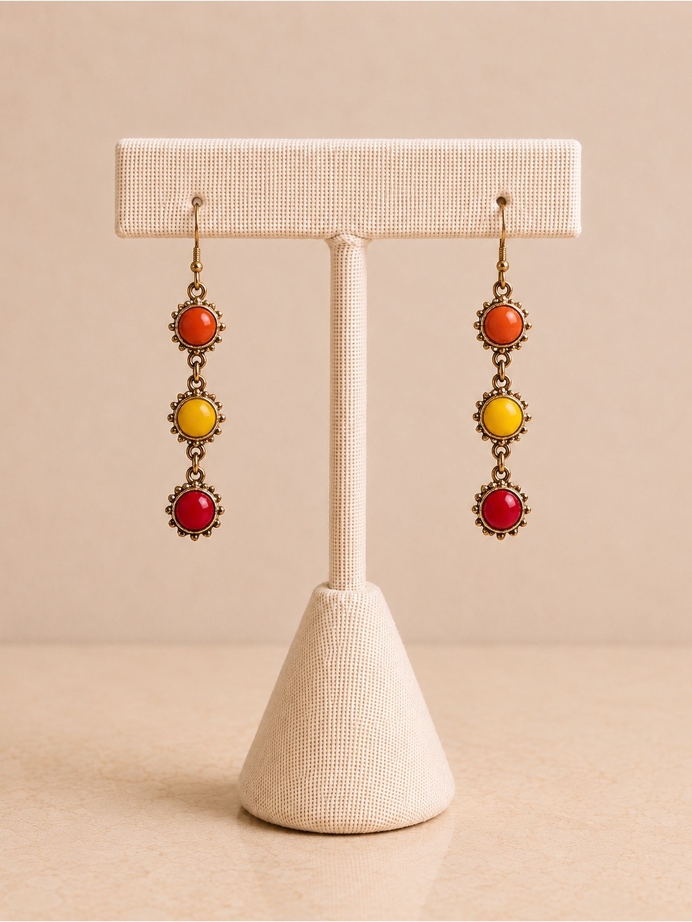 Colorful Triple Stone Dangle Earrings Orange Yellow Red Gold Tone Boho

Descript